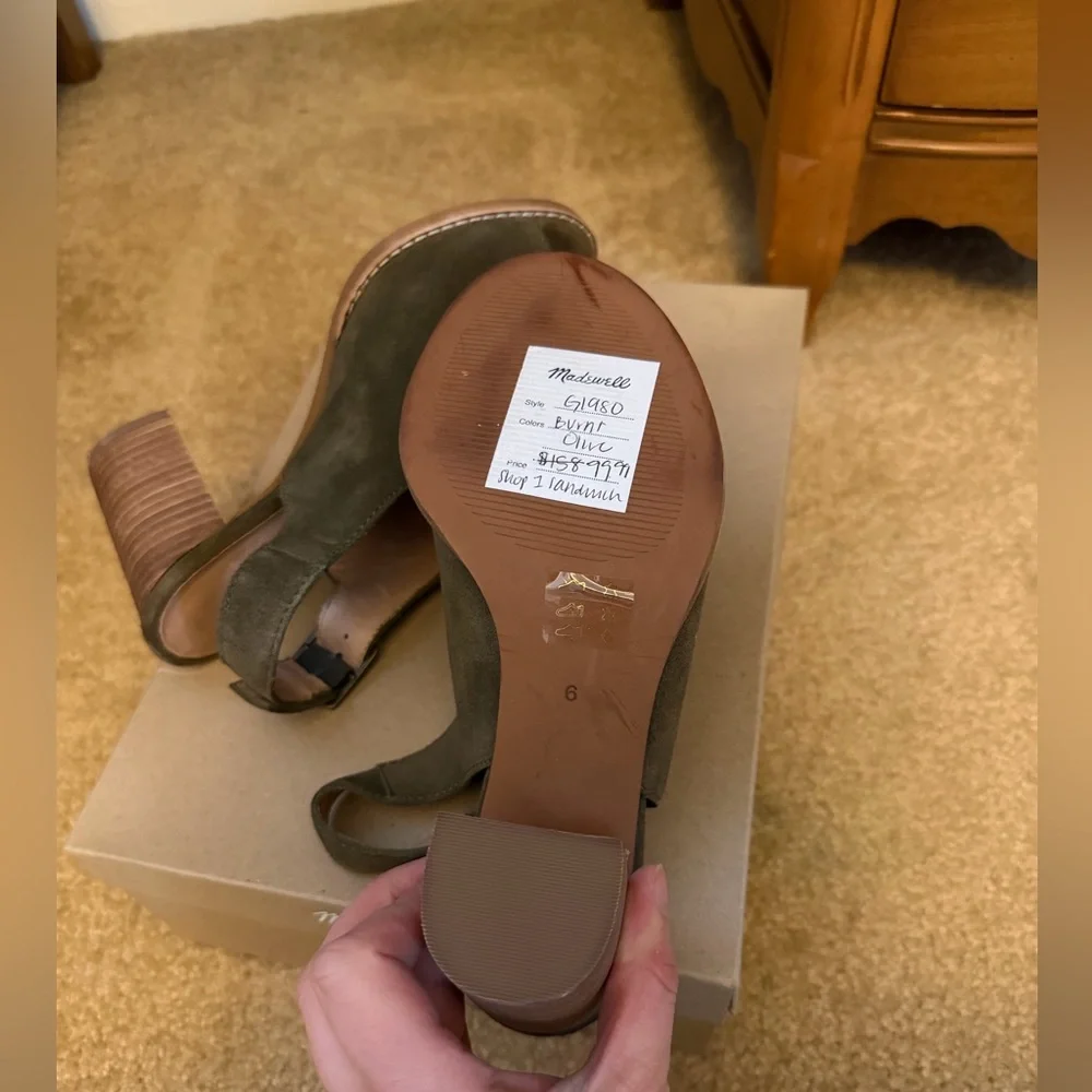 Madewell Olive Green Peep Toe Block Stacked Heel Slingback Heels, size 6 NIB - Picture 7 of 11